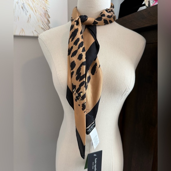 kate spade Accessories - kate spade Leopard Print Silk Scarf in Tan and Black NWT